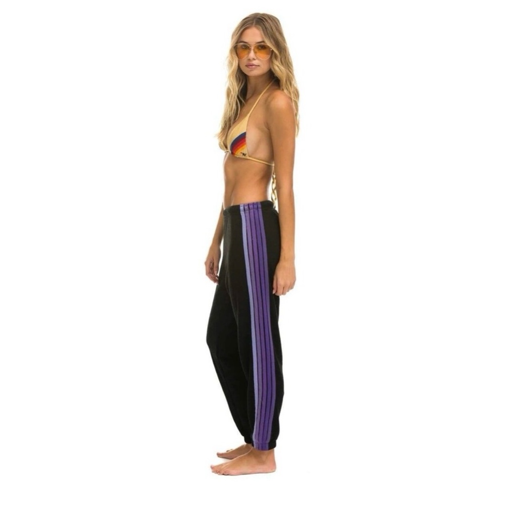 Aviator Nation Sweatpants Womens XS Black Purple 5 Stripe Joggers USA RARE‎